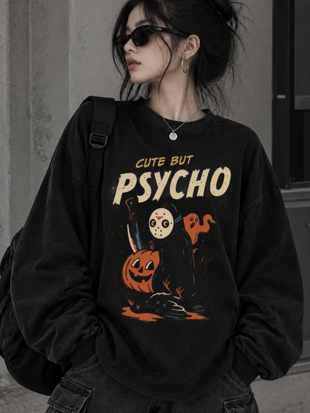 Cute But Psycho Cat Sweater, Retro 90s Halloween Graphic
